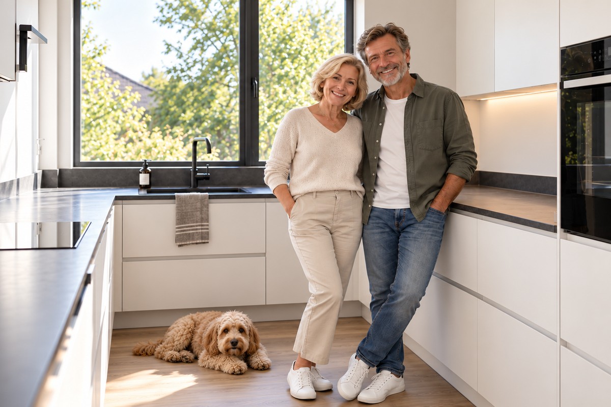 Moderne helle Küche mit Paar und Hund